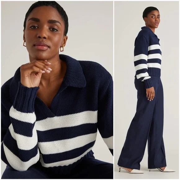 Quince 100% Organic Cropped Cotton Polo Sweater in Navy & White, Medium - Picture 2 of 8